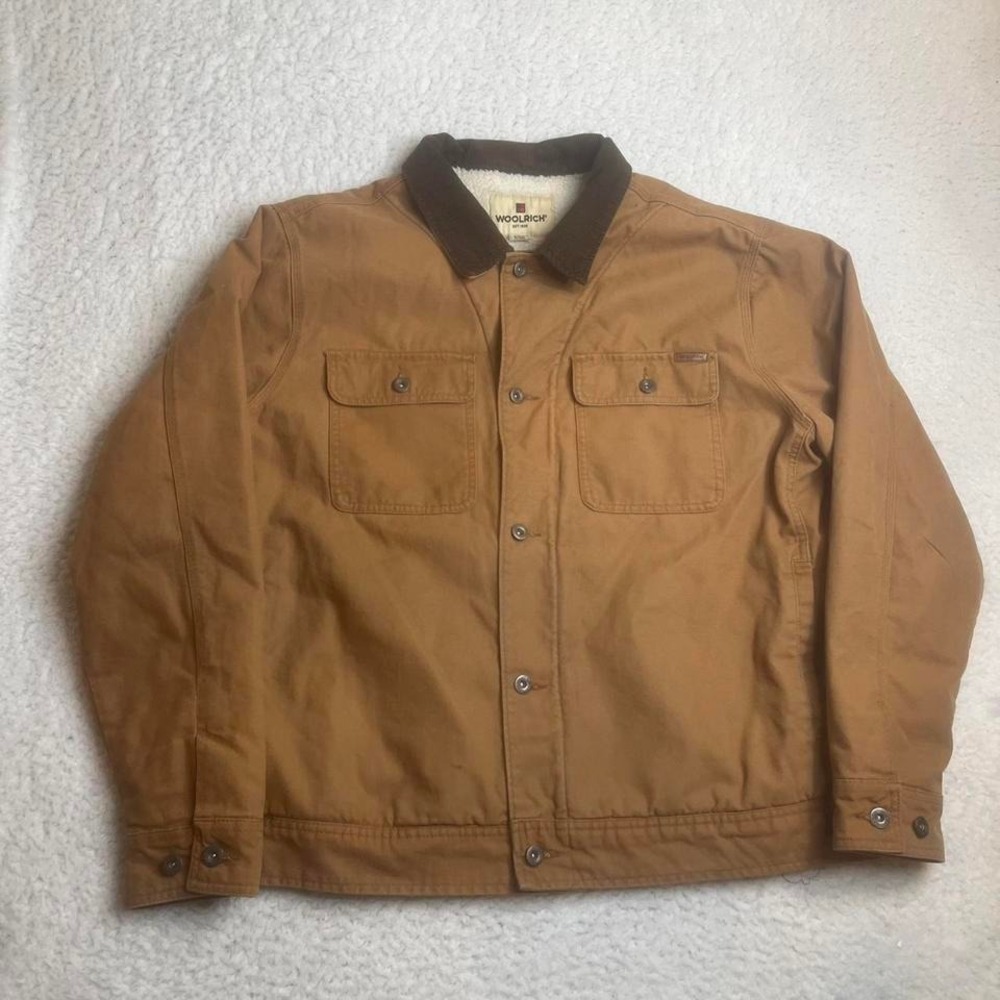 Woolrich men's tan Sherpa lined button snap canvas barn bomber jacket‎ xl
